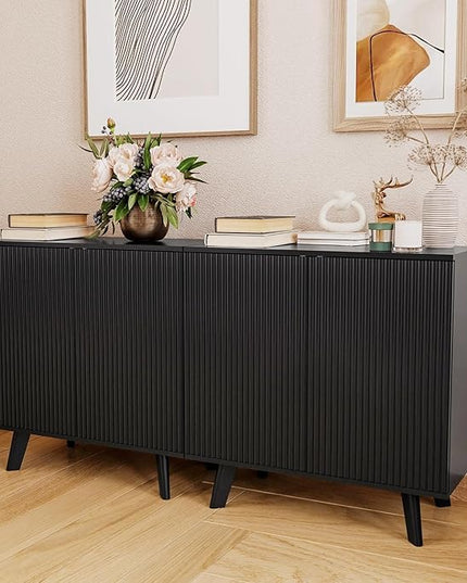 Modern Sideboard Buffet Cabinet Console Table, Accent Storage Cabinet with Fluted Doors for Kitchen Dining Living Room Entryway (Black)