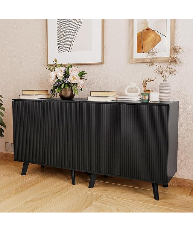 Modern Sideboard Buffet Cabinet Console Table, Accent Storage Cabinets Credenza Buffer Cabinet with 4 Fluted Doors for Kitchen Dining Living Room Entryway(Black)