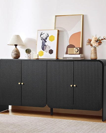 59” Large Buffets Sideboard Cabinet with Storage, Fluted Curved Credenza Buffet Table Storage Cabinet with 4 Doors, Modern Wood Accent Console Table Coffee Bar for Living Room Kitchen Hallway, Black