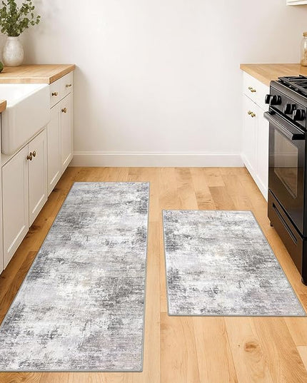 IOHOUZE Abstract Area Rugs and Runners Sets 2x3 and 2x5 Ft, Washable Entryway Rug and Runner Set, Non Slip Kitchen Rug Set, Printed Faux Wool Modern Floor Carpet for Hall Kitchen Entrance, Grey Beige