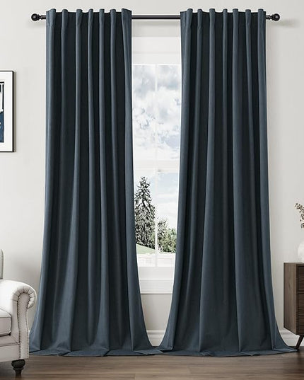 Guken 100% Blackout Linen Curtains 120 Inch Length 2 Panels Set for Living Room Bedroom Back Tab Thermal Insulated Black Out Linen Drapes Room Darkening Window Curtains,Vintage Blue