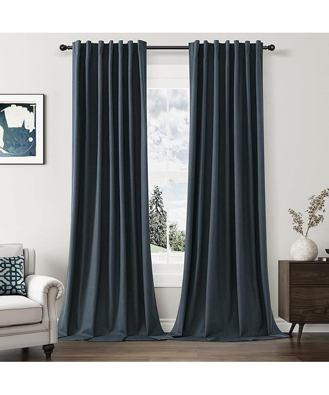 Guken 100% Blackout Linen Curtains 90 Inch Length 2 Panels Set for Living Room Bedroom Back Tab Thermal Insulated Black Out Linen Drapes Room Darkening Window Curtains,Vintage Blue