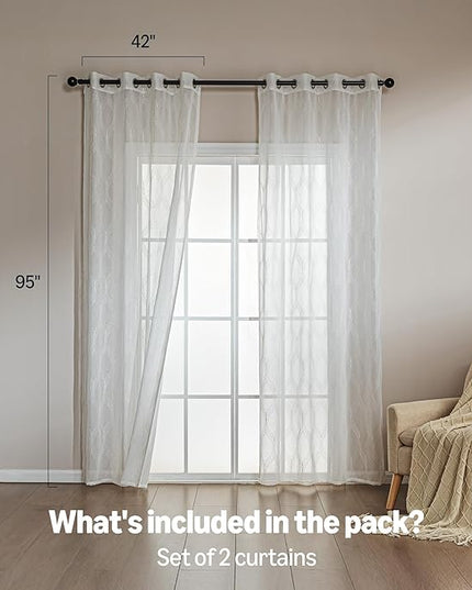 Amazon Basics 2-Piece Embroidery Sheer Curtain Set, Light Filtering Hollow Drapes for Living Room and Bedroom, 42" W × 95" L, White Classic Waves