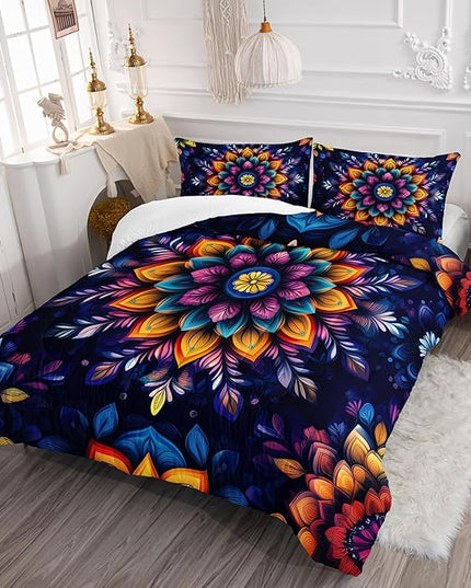 AILONEN Colorful Mandala Comforter Set Queen Size, Bohemian Floral Printed Bedding Set for Kids Teens Adults,Luxury Boho Chic Modern Duvet Set for Bedroom Decor,1 Quilt 2 Pillowcase,3Pcs