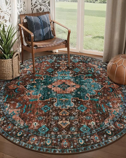 Ciicool Boho 5x5ft Round Area Rug Washable Bedroom Rug Non-Slip Oriental Entryway Throw Rug Low-Pile Indoor Carpet for Dining Room(Brick Red/Dull Teal)