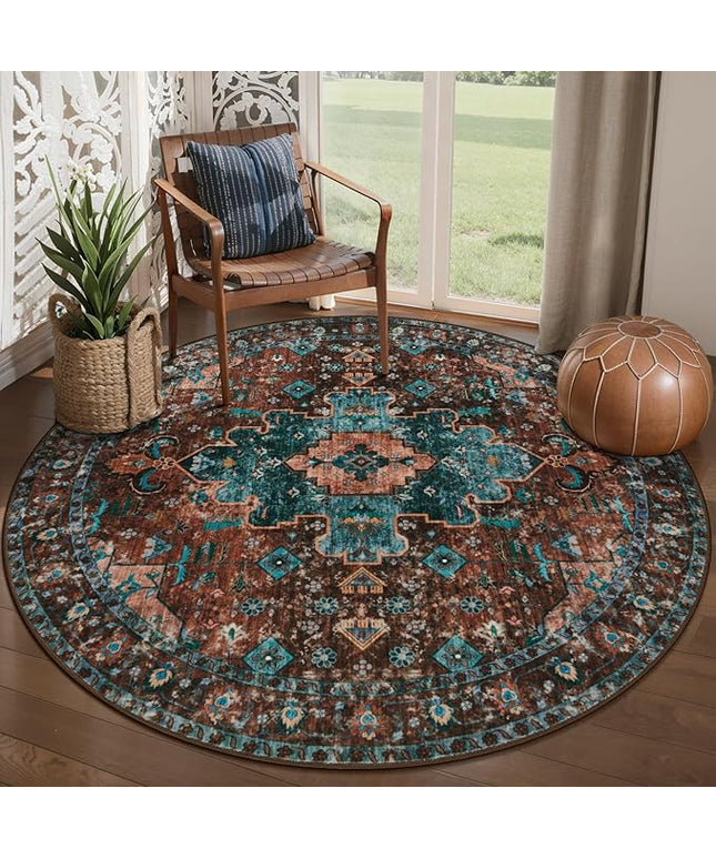 Ciicool Boho 5x5ft Round Area Rug Washable Bedroom Rug Non-Slip Oriental Entryway Throw Rug Low-Pile Indoor Carpet for Dining Room(Brick Red/Dull Teal)