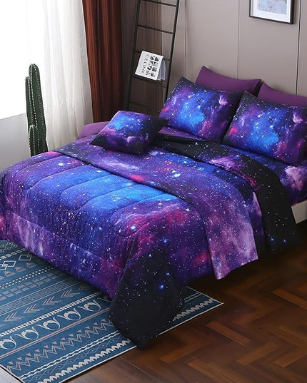 JQinHome Full Galaxy Purple Comforter Sets Blanket,8 Piece Bed in A Bag 3D Outer Space Themed Bedding, All-Season Reversible Quilted Duvet, for Children Boy Girl Teen Kids(Blue Purple)