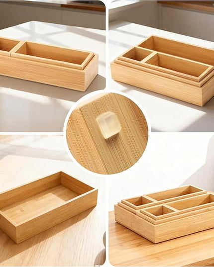 Bamboo Drawer Organizer Set, 14 PCS Multi-Use Individual Wood Storage Organizers, Junk Drawer Divider and Storage Trays Containers for Kitchen, Bathroom, Office Desk, Makeup, Jewelry, Utensils