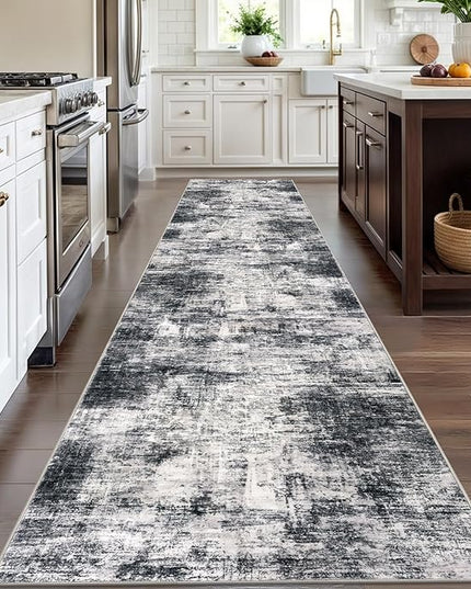 IOHOUZE Abstract Runner Rug 3x12 Ft Washable Runners for Hallways, Non Slip Kitchen Runner Printed Faux Wool Entryway Runner Indoor, Modern Abstract Floor Carpet for Hall Kitchen, Black Grey
