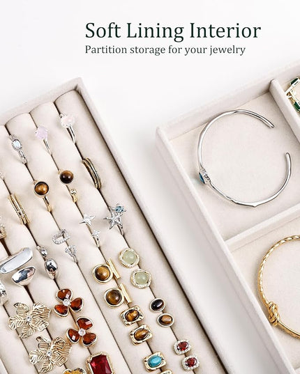 Stackable Jewelry Organizer Trays with Removable Dividers, 6-Tray Beige Jewelry Drawer Organizer Set for Earrings, Necklaces, Rings & Bracelets Gift for Her