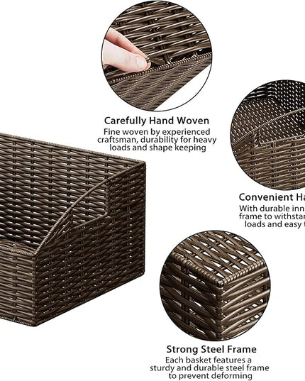 Ollieroo Rattan Storage Baskets, Handwoven Wicker Storage Bins with Built-in Handles, Storage Container Baskets for Shelves, Bedroom, Bathroom, Laundry Room or Kitchen(Brown)