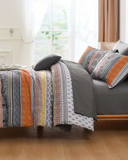 Cottolester Boho Comforter Set Queen Size,8 Pieces Orange Bohemian Striped Bed in a Bag,Paisley Soft Microfiber Bedding Comforter Set