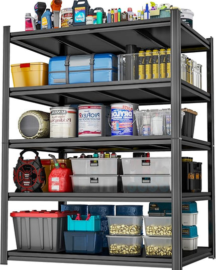 Metal Garage Shelving Unit, Heavy Duty 5-Tier Adjustable Storage Rack, Steel Shelving, 3020 lbs Capacity, Industrial Shelves for Heavy Tools and Equipment, Ideal for Garage, Basement, Black, 63"