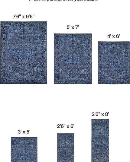 ReaLife Rugs Machine Washable Area Rug Runner - Living Room Bedroom Bathroom Kitchen Entryway Office - Padded Low Pile Stain Resistant Premium - Boho Vintage Traditional - Lyle - Blue 2'6" x 6'