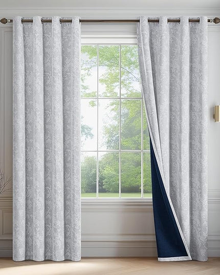 FMFUNCTEX Grey Floral Jacquard Blackout Curtains 108 Inches Long for Bedroom, Scroll Flower Chenille Farmhouse Curtains for Living Room Darkening Thermal Insulated Grommet Window Drapes 2 Panels