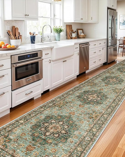 Washable Oriental Hallway Runner Rug - 3x16 Rugs for Living Room Soft Carpet for Bedroom Kitchen Waterproof Floral Distressed Indoor Stain Resistant Non-Shedding Floor Carpets (Green, 3X16)