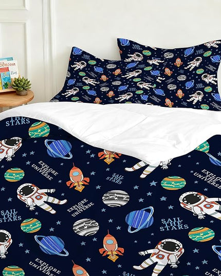 Space Bedding Set Twin Size for Boys Blue Bed Set Soft Kids Cartoon Outer Space Comforter Set for All Seasons Astronaut Rocket Themed Bedding Microfiber Galaxy Room Decor for Boys