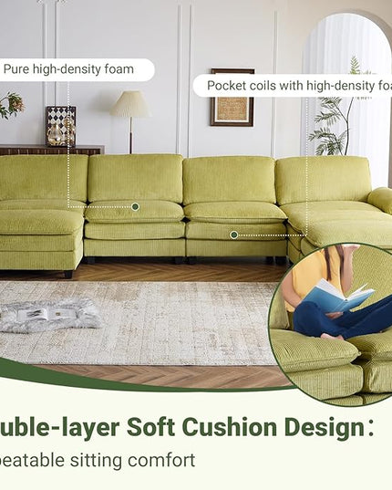VINGLI 156" Cloud Corduroy Sectional Sofa, Comfy L-Shaped Extra Deep Seat Sofa Couch for Living Room,Modern 4-Seat Convertible Loveseat Sofa with Three Ottomans for Small Space(Olive Green)