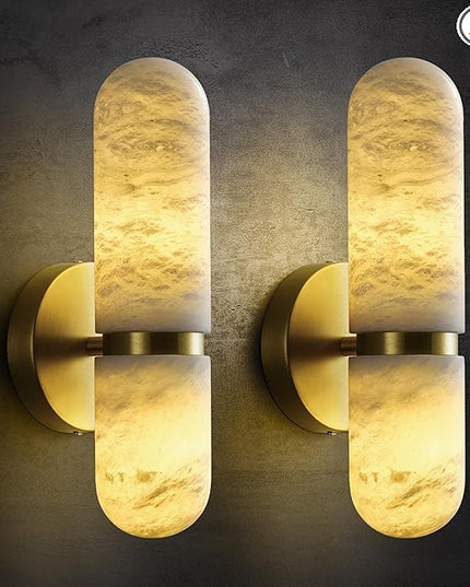 Alabaster Wall Sconces Set of Two,13in Brass Alabaster Sconce, Modern Spanish Natural Marble Sconces Lights, Gold Sconces for Bathroom Vanity Bedroom Living Room Staircases Hallway