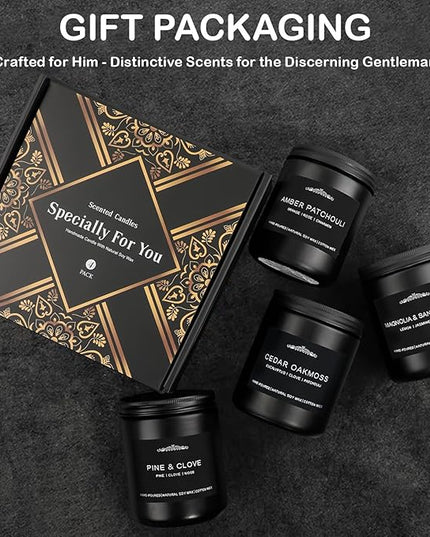 Scented Candle Set, Men Candle Set, Scented Candles for Home, Gifts for Men, 28 oz 200 Hour Burn Time,4 Pack Manly Gifts Soy Candles of Cedar Oakmoss/Pine&Clove/Patchouli/Sandal Wood