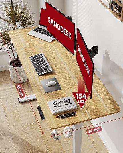 SANODESK Electric Standing Desk 63x24 Inch Height Adjustable Stand Up Desk Home Office Computer Workstation Sit Stand Home Office Desk with Splice Board (White Frame + Maple Top)
