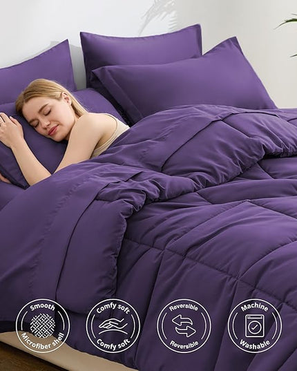 Love's cabin Twin Comforter Set Dark Purple, 5 Pieces Twin Bed in a Bag, All Season Bedding Sets with 1 Comforter, 1 Flat Sheet, 1 Fitted Sheet, 1 Pillowcase and 1 Pillow Sham