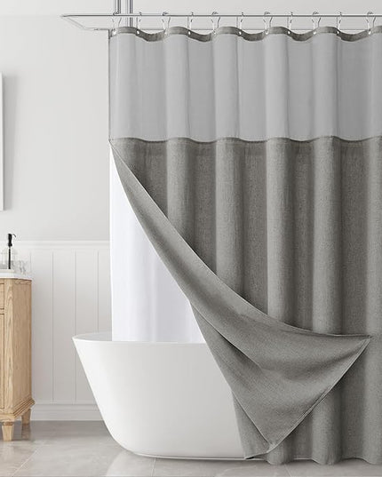 Naturoom Long Shower Curtain 84 Length Linen Thick Cloth Bath Grey Shower Curtain Set with Liner, Tall Modern Farmhouse Neutral Fabric Men Curtains for Bathroom, Mesh Top Window, Gray