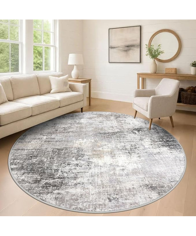 IOHOUZE Abstract Round Area Rug 8 Ft Washable Circle Rugs Large Round Rug Non Slip Thin Soft Circle Rugs, Printed Faux Wool Floor Carpet for Bedroom Living Room Dining Room Nursery, Grey Beige