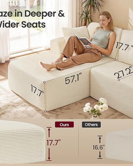 VASAGLE 108.3 Inches Boneless Couch with Chaise, Modular Sectional Sofa, Modern Cloud Couch with Deep Seat, L-Shape Corduroy Sofa for Living Room, Left-Facing Chaise, Bedroom, Cream White ULCS181WD01