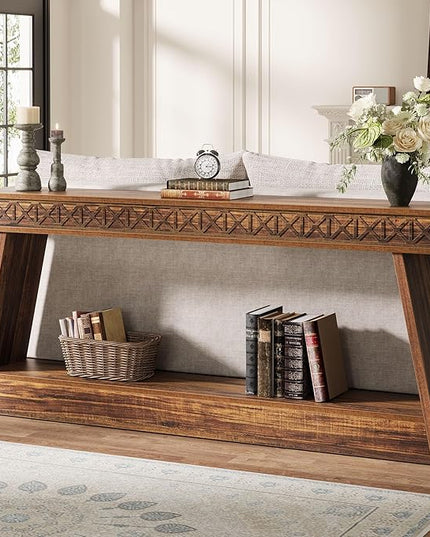 Tribesigns Farmhouse Console Table, 70.9-Inch Extra Long Entryway Table with Storage, 2-Tier Narrow Sofa Table Behind Couch, Wooden Accent Table for Living Room, Hallway, Foyer, Dark Brown