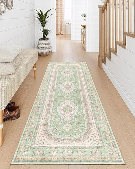 Washable Runner Rug 2x6,Green Rug Runners Non Slip,Long Boho Rugs for Hallways Kitchen Bedroom Entryway Living Room Bathroom,Vintage Bohemian Distressed Oriental Floor Carpet,Sage Blush Floral