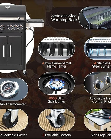 Sophia & William 4-Burner Gas BBQ Grill with Side Burner & Porcelain-Enameled Cast Iron Grates, Outdoor Cooking Propane Grills Cabinet Style Garden Barbecue Grill, 46,700BTU, Black