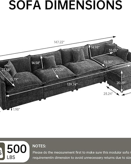 Modular Sectional Sofa, 147.2 Inch L Shaped Couch Set with Armrests, 4-Seater Comfy Cloud Couches with Movable Ottoman for Living Room Apartment, Grey