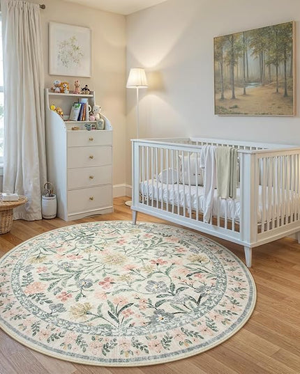 Wonnitar Floral Round Rugs 6ft, Boho Large Machine Washable Circle Rug, Low Pile Soft Flower Botanical Print Beige Round Carpet for Living Room Bedroom Dorm Sunroom
