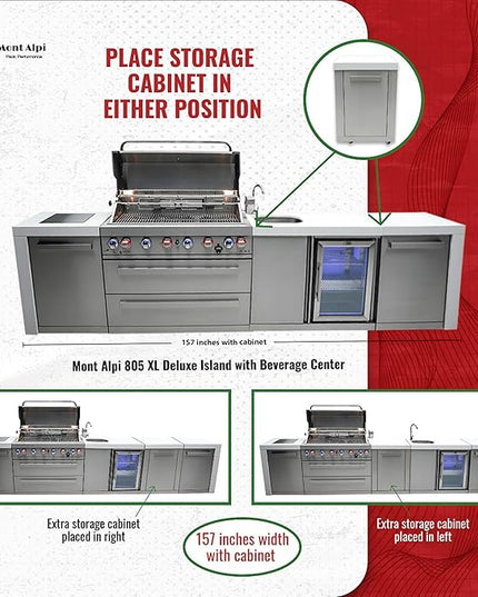 Mont Alpi MAi805-DBEVXL 6-Burner Premium Deluxe Stainless Steel Modular Outdoor Kitchen Island BBQ Gas Grill and Beverage Center + Wine Cooler Refrigerator + Granite Countertops + Infrared Side Burner