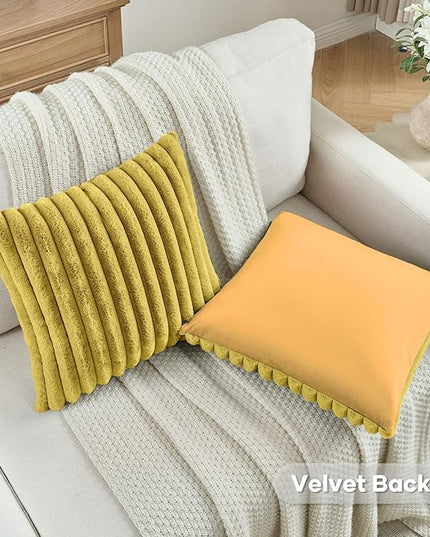 FUTEI Mustard Yellow Throw Pillow Covers Set of 2, 18x18 Inch Striped Texture Cushion Cases with Soft Faux Rabbit Fur Front & Velvet Back, Modern Decorative Couch Pillows for Living Room