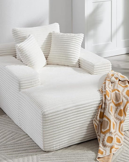 67" Boneless Chaise Lounge Chair,Indoor Corduroy Oversized Sleeper Sofa w/9.9'' Wide Armrest & 3 Soft Pillows, Convertible Boneless Sofa Bed - 2-in-1 Chair & Ottoman for Reading, Living Room,White