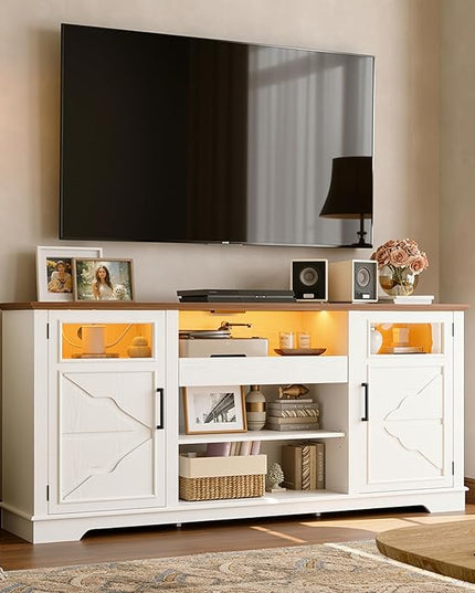 IRONCK 65.8" Farmhouse TV Stand for 60/65/70 Inch TVs, Tall Entertainment Center with LED Lights & Power Outlet, Media Console with Storage Cabinets & Adjustable Shelves for Living Room, White