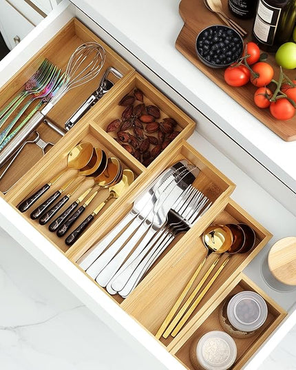 Bamboo Drawer Organizer Set, 5 PCS Multi-Use Individual Wood Storage Organizers, Junk Drawer Divider and Storage Trays Containers for Kitchen, Bathroom, Office Desk, Makeup, Jewelry, Utensils