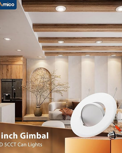 Amico 6 Pack 6 Inch Retrofit Eyeball Gimbal Can Lights, Adjustable Eyeball Directional 5CCT LED Recessed Lights, Dimmable, 2700K/3000K/3500K/4000K/5000K Selectable, 7W 650LM, ETL&FCC