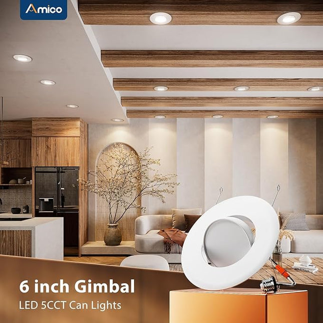 Amico 1 Pack 6 Inch Retrofit Eyeball Gimbal Can Lights, Adjustable Eyeball Directional 5CCT LED Recessed Lights, Dimmable, 2700K/3000K/3500K/4000K/5000K Selectable, 7W 650LM, ETL&FCC