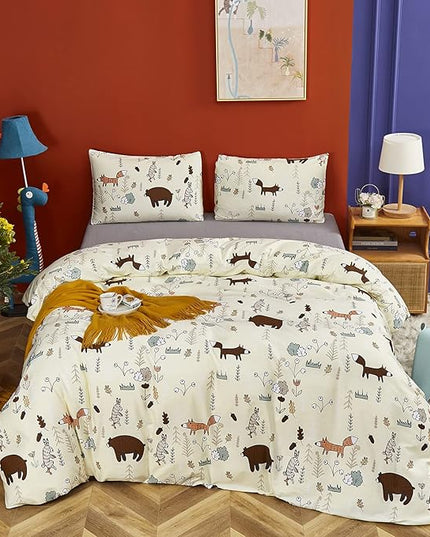 CLOTHKNOW Yellow Animal Twin/Twin XL Comforter Set 3Pcs Kids Bedding Comforter Sets Soft Cartoon Comforter Fox Rabbit Beige Bedding with 2 x Pillow Cases