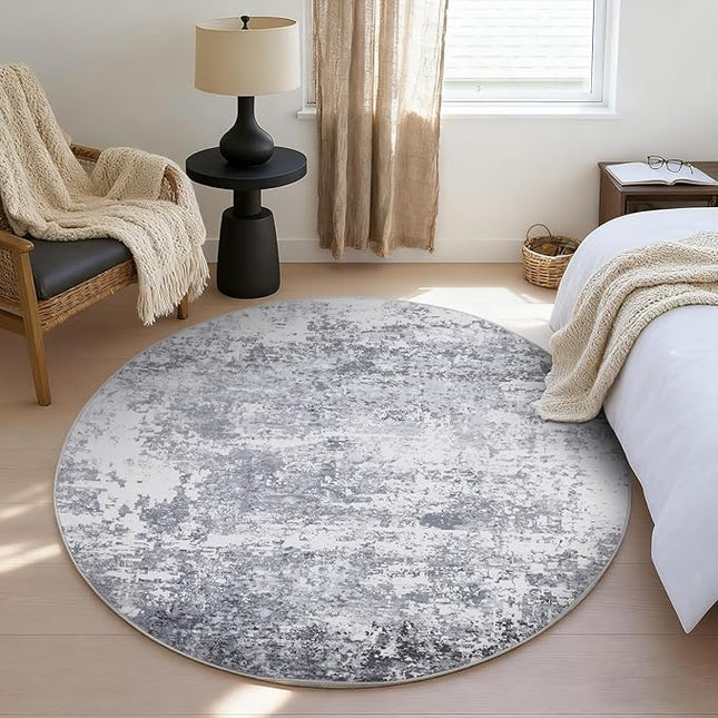 Modern Abstract 4x4 Round Area Rug Non Slip Non Shedding Rug Low Pile Stain Resistant for Bedroom Living Room Office Dining Room,Light Grey