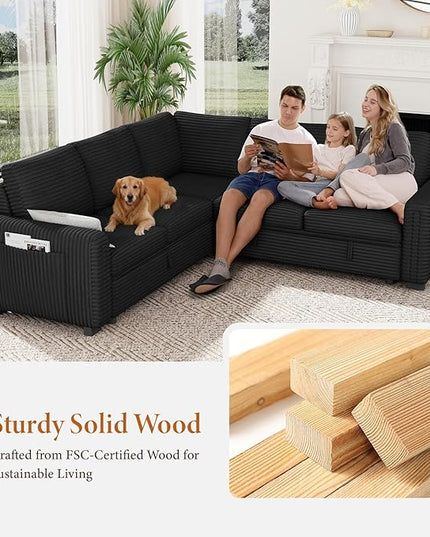 Vesgantti 88.4" Sectional Sleeper Sofa with Pull Out Bed, 5 Seater L Shaped Modular Sectional Couch with Storage, Comfy Corduroy Modular Couch for Living Room, Bedroom, Apartment, Black
