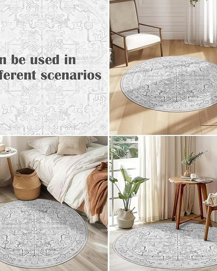 jinchan Lima Round Rug 5ft Vintage Machine Washable Area Rug Indoor Circle 5' Ultra-Thin Non-Slip Floral Print Carpet for Farmhouse Entryway Dining Room Living Room Bedroom Office (5'Round, Grey)