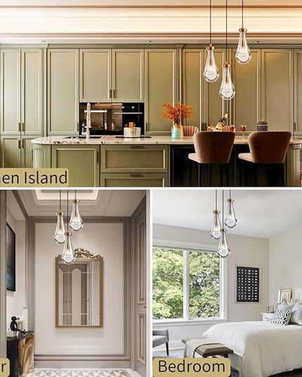 Brass 3 Light Pendant Lighting for Kitchen Island, Raindrop Cluster Pendant Light Fixture, Adjustable Hanging Rope Glass Chandelier Dining Room Light Fixture Ceiling Lamp for Foyer Hallway
