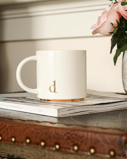 COLLECTIVE HOME - Monogram Ceramic Mugs, 15 oz Golden Initial Coffee Cups, Elegant Alphabet Tea Mugs, Elegant Personalized Mug with Gift Box, Luxurious Cups for Office and Home (d)