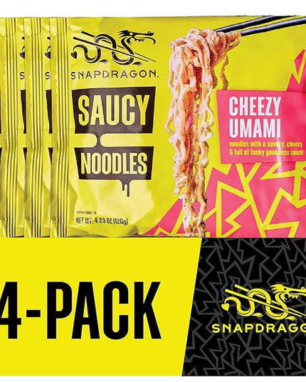 Snapdragon Saucy Instant Noodles with Cheezy Umami, Savory Slurpable Sauce - Quick Meal, Snack, and Lunch. 4-Pack Microwave Noodles for Cup, Bowl, Cheddar Cheese Ramen or Asian Stir Fry