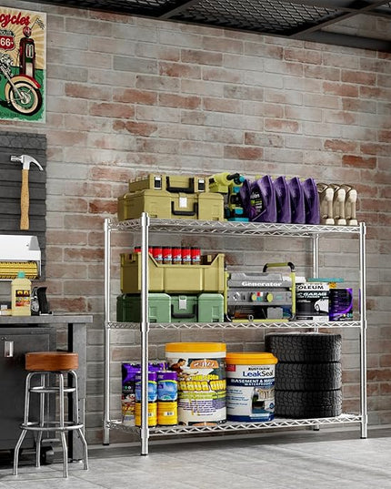 Storage Shelves Heavy Duty, 48" W x 20" D x 47" H Garage Wire Shelving Unit Loads 1200LBS, 3-Tier Adjustable Metal Industrial Utility Shelf Rack for Kitchen, Laundry Room, Pantry, Warehouse, Basement