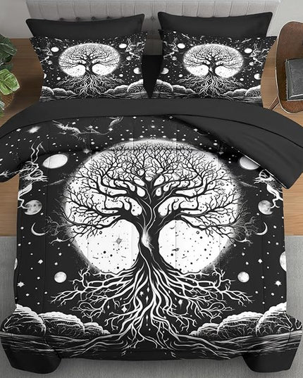 Comforter Set Full Size, Tree of Life Dark Magic 7 Pcs Bedding for Kids and Adults, Sun Moon Bed Sheet Sets with Fitted Sheet 2 Pillowcases & 2 Shams for Bedroom Bed Decor